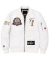 Men's New York Knicks FISLL 2026 Pro Basketball Finals Champion Team White Leather Bomber Jacket Front