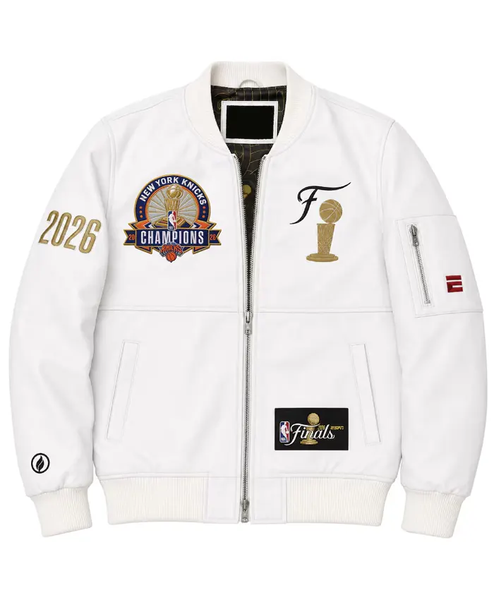 Men's New York Knicks FISLL 2026 Pro Basketball Finals Champion Team White Leather Bomber Jacket Front