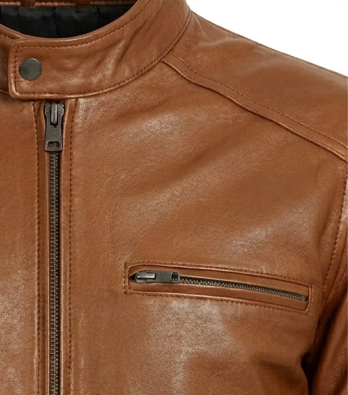 Mens Tan Brown Athletic Build Full Grain Leather Biker Jacket