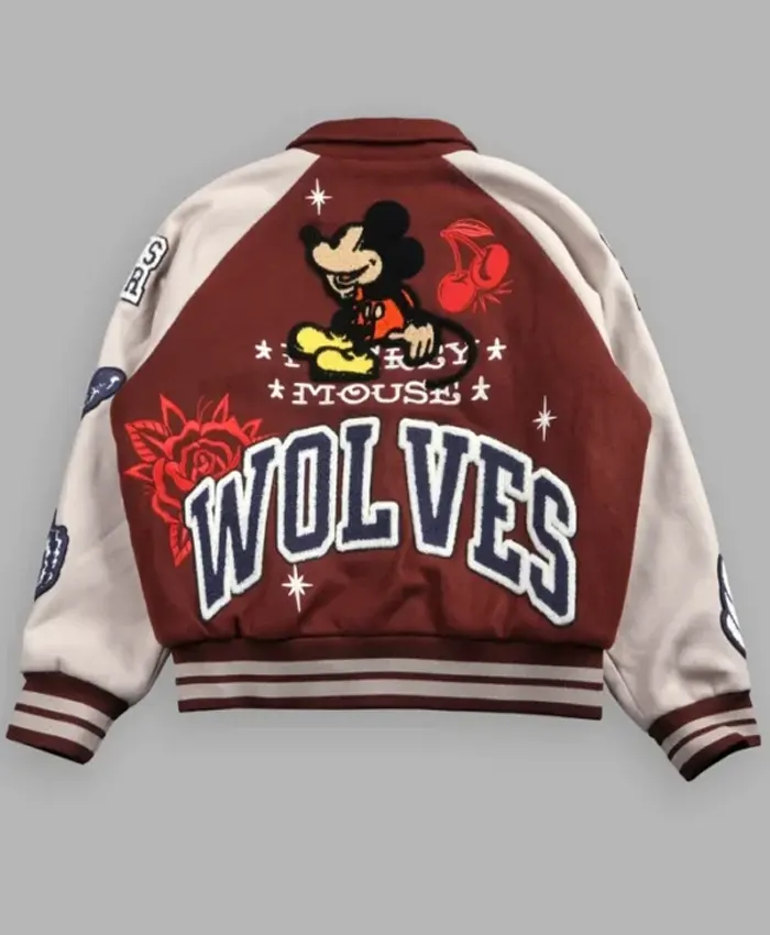 Mickey Mouse Wolves Club Maroon and White Letterman Jacket Back