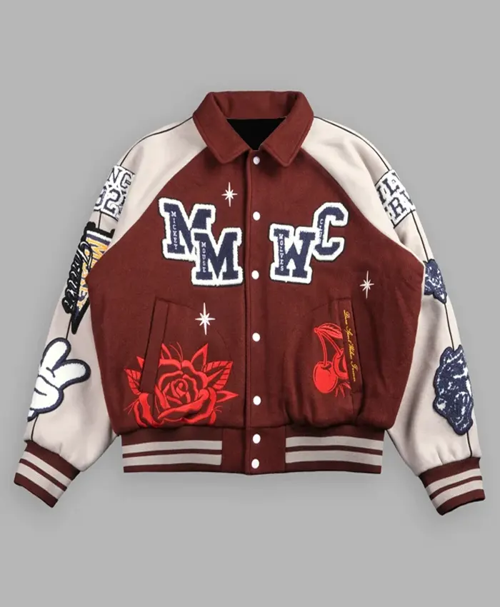 Mickey Mouse Wolves Club Maroon and White Letterman Jacket Front