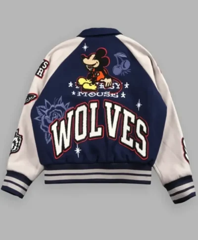 Mickey Mouse Wolves Club Navy Blue and White Letterman Jacket Back
