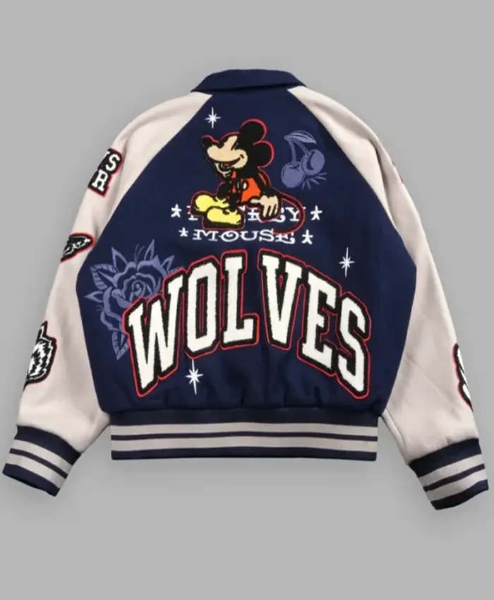 Mickey Mouse Wolves Club Navy Blue and White Letterman Jacket Back