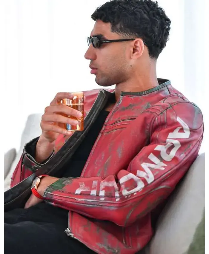 Morocco National Team Camp 2026 Achraf Hakimi Distressed Red Leather Jacket Closeup