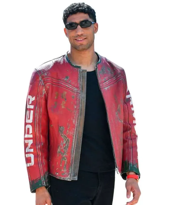 Morocco National Team Camp 2026 Achraf Hakimi Distressed Red Leather Jacket Front