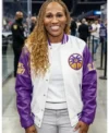 NY Liberty v LA Sparks 2026 Nicky McCrimmon White and Purple Varsity Jacket Front