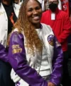 NY Liberty v LA Sparks 2026 Nicky McCrimmon White and Purple Varsity Jacket Right