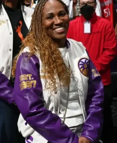NY Liberty v LA Sparks 2026 Nicky McCrimmon White and Purple Varsity Jacket Right