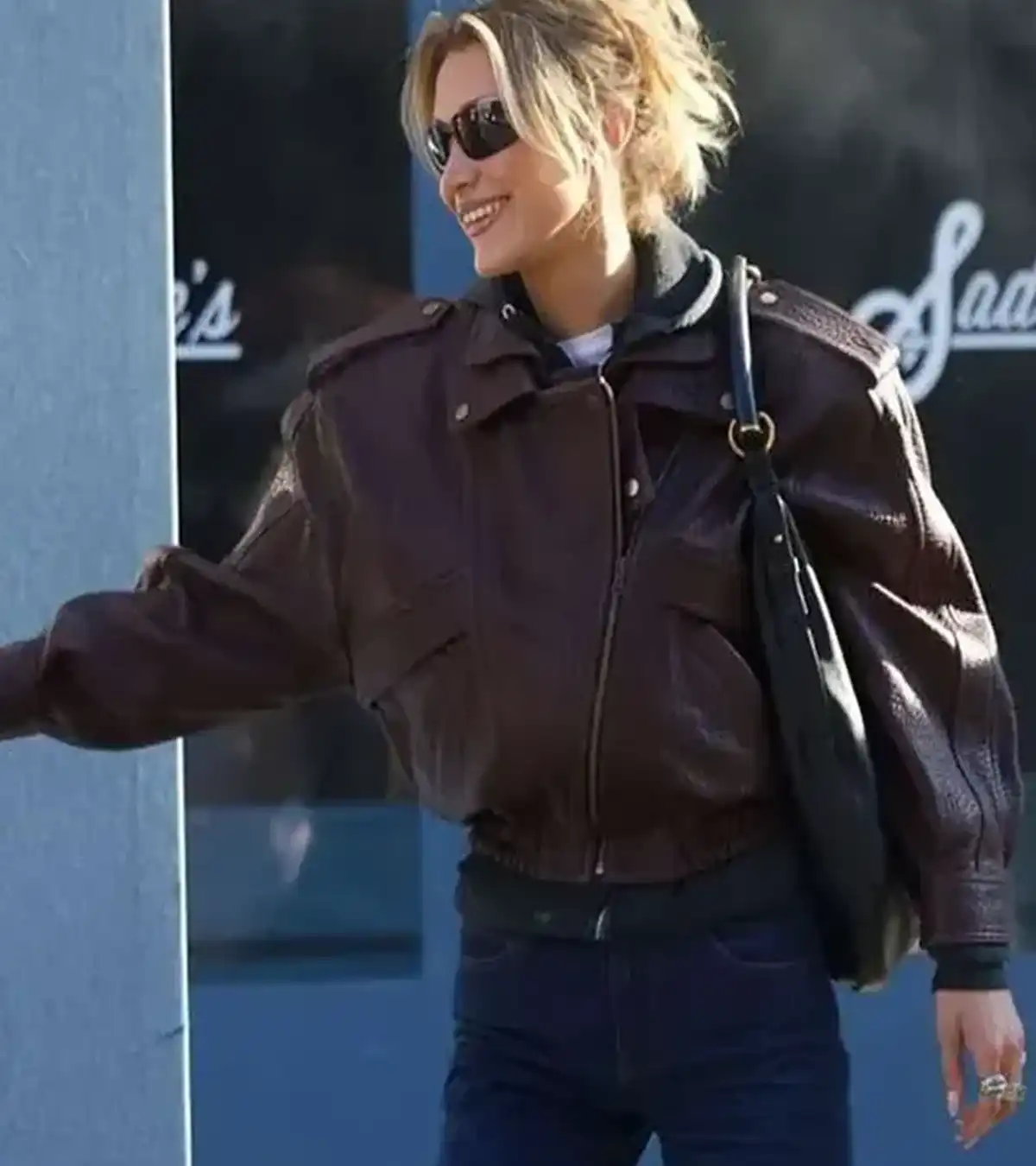 NYC 2026 Bella Hadid Brown Leather Jacket