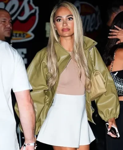 New York City Raising Canes Party 2026 Brittany Brideau Green Leather Jacket Front