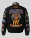 New York Knicks 2026 Pro Basketball Finals Champions Black Wool and Leather Varsity Jacket Back