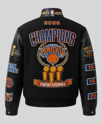 New York Knicks 2026 Pro Basketball Finals Champions Black Wool and Leather Varsity Jacket Back