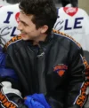 New York Knicks vs. Cleveland Cavaliers Game Tonight Timothée Chalamet Knicks Black Leather Jacket