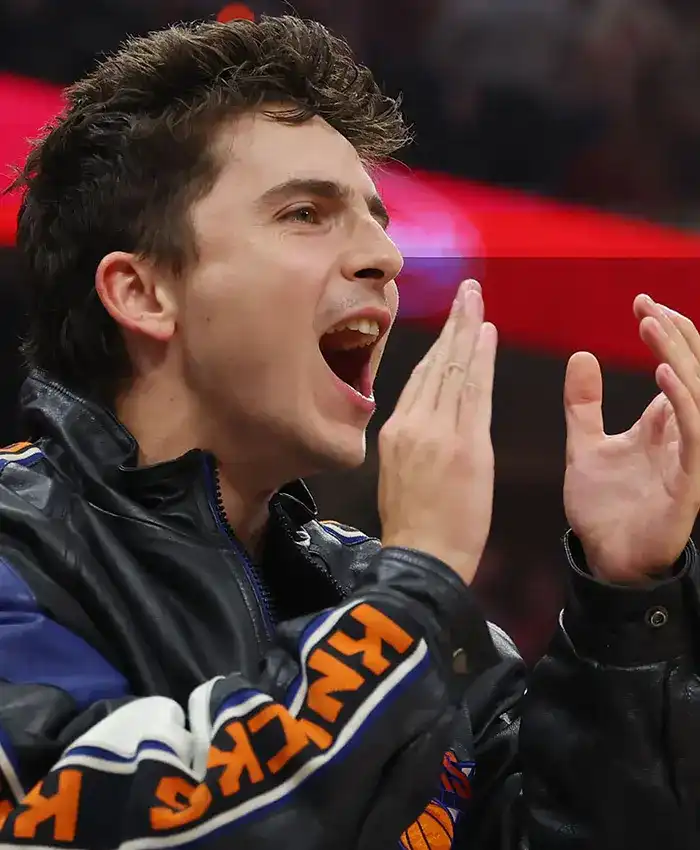 New York Knicks vs. Cleveland Cavaliers Game Tonight Timothée Chalamet Knicks Black Leather Jacket For Sale
