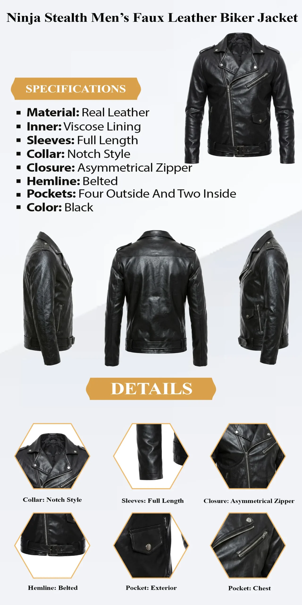Ninja Stealth Men’s Faux Leather Biker Jacket infographic