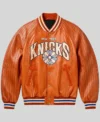 Ny Knicks X Chrome Hearts Orange Leather Jacket Front