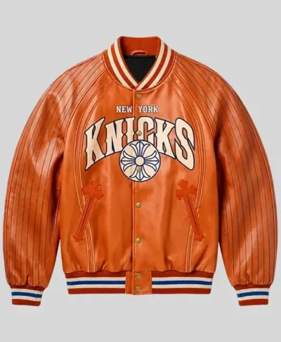 Ny Knicks X Chrome Hearts Orange Leather Jacket Front