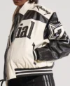 On The Run Moto White and Black Bomber Leather Jacket