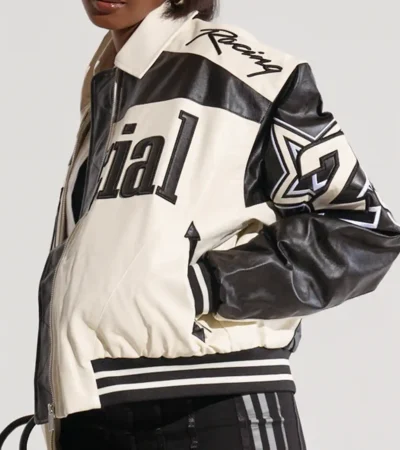On The Run Moto White and Black Bomber Leather Jacket