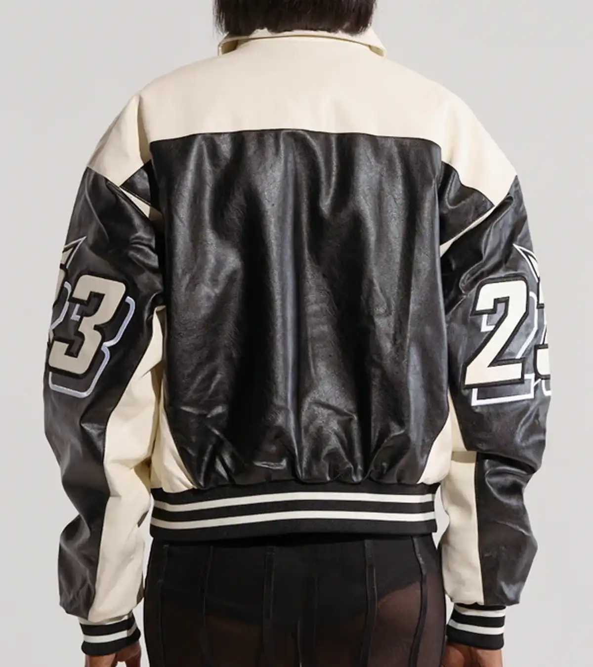 On The Run Moto White and Black Bomber Leather Jacket For Sale