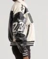 On The Run Moto White and Black Bomber Leather Jacket Sale
