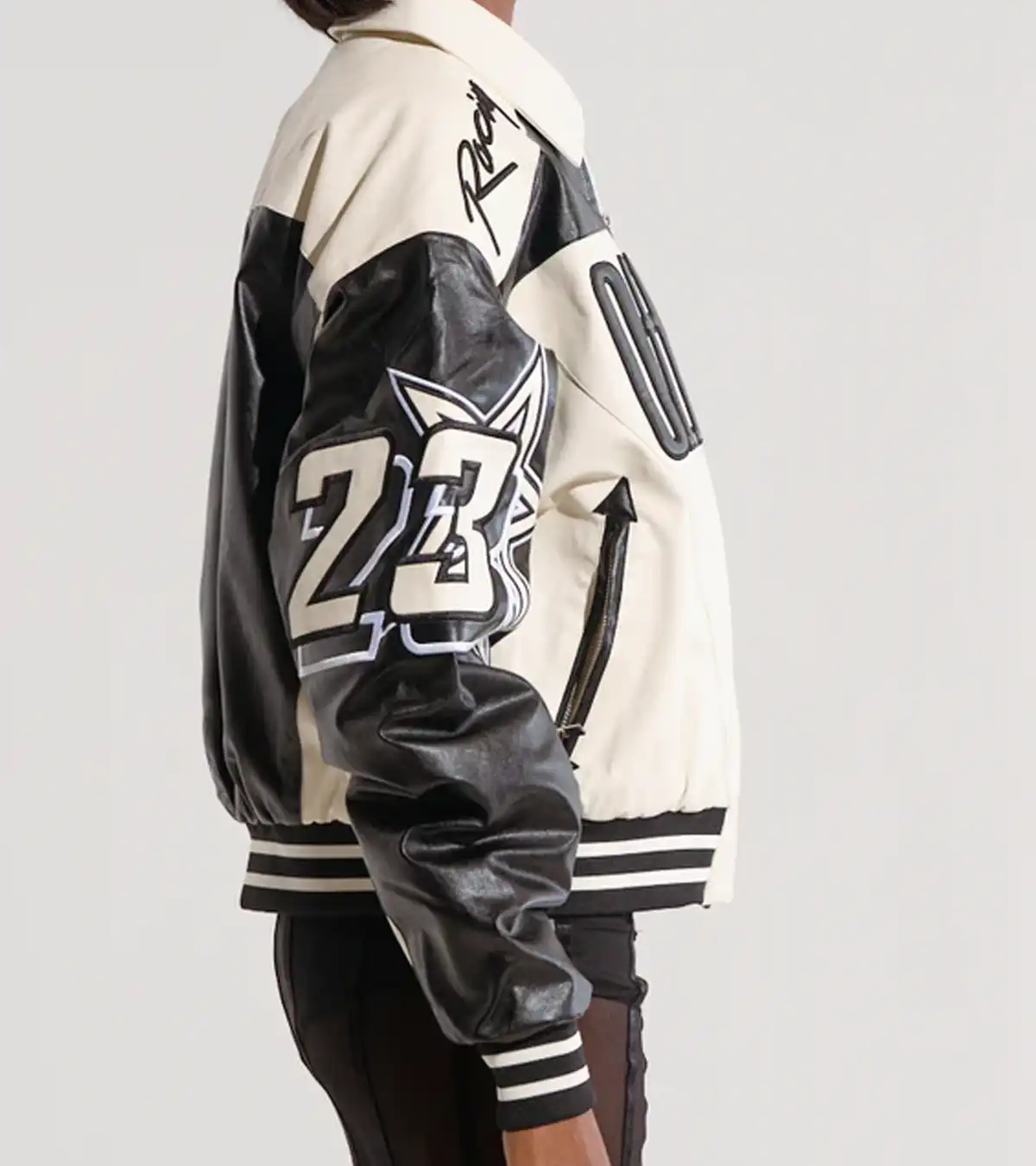 On The Run Moto White and Black Bomber Leather Jacket Sale
