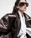 Oversized Brown Eiza Gonzalez 2026 Distressed Leather Jacket For Sale