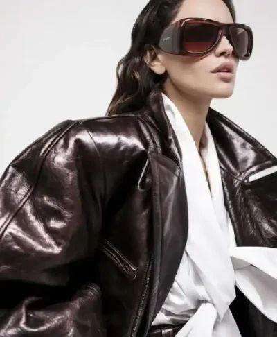 Oversized Brown Eiza Gonzalez 2026 Distressed Leather Jacket For Sale