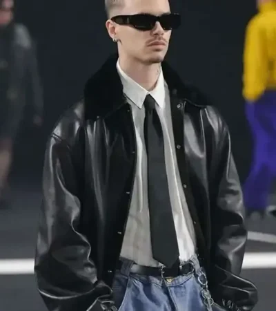 PFW 2026 Romeo Beckham Black Leather Jacket