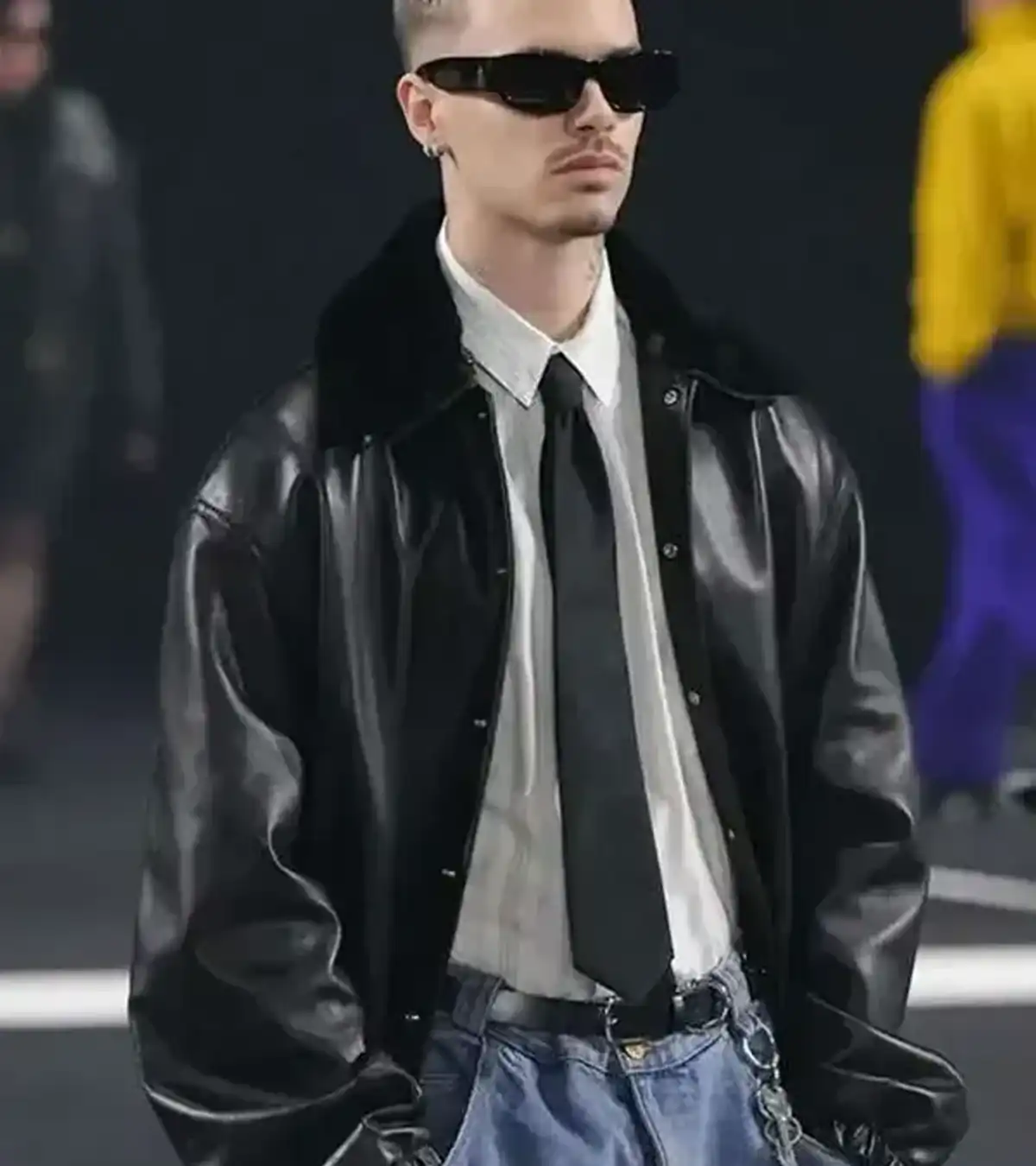 PFW 2026 Romeo Beckham Black Leather Jacket