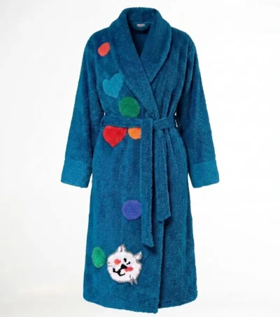 Plush Pacific Blue Confetti Kitty Cat Theme Chenille Bathrobe