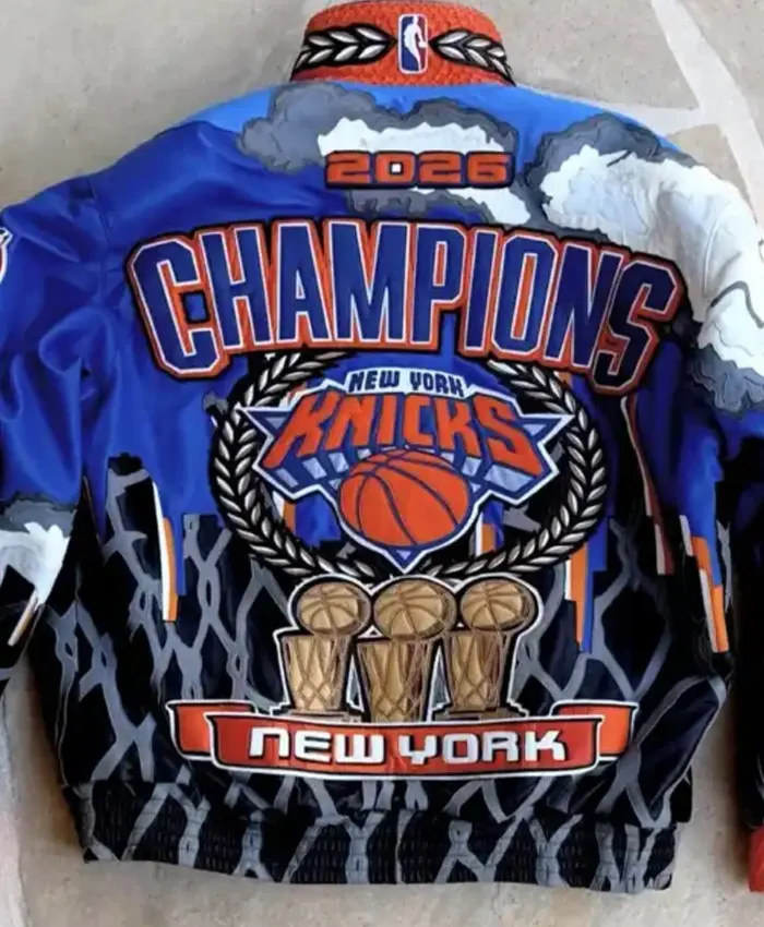 Pro Basketball Jeff Hamilton New York Knicks 2026 Champions Leather Jacket Back Closeup
