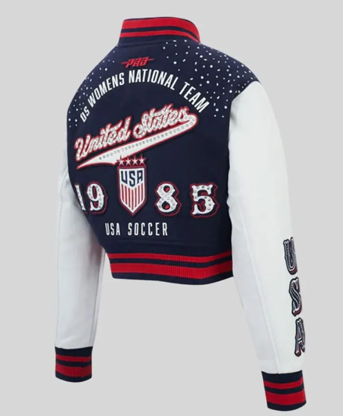 Pro Standard USA Soccer WNT Legacy Cropped Navy Blue and White Varsity Jacket