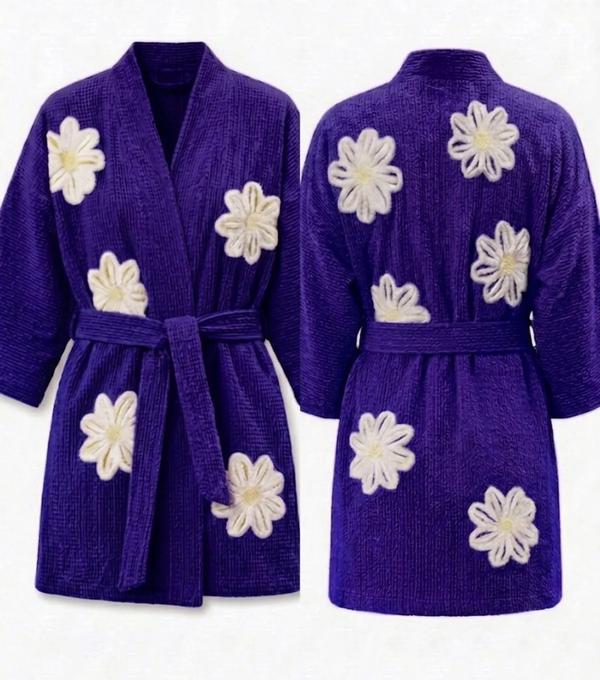 Purple Falling Daisies Floral Chenille Kimono Bathrobe