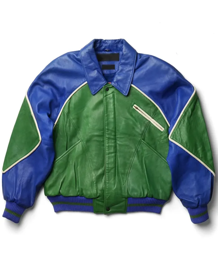 Rapper Swizz Beatz Pelle Pelle Green and Blue World Peace Leather Jacket Front
