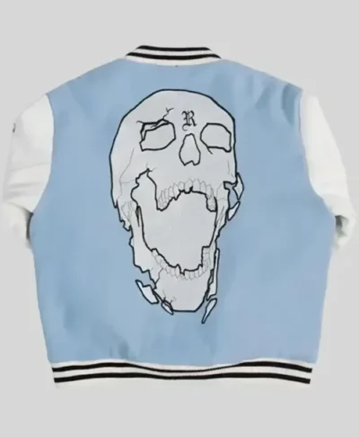 Revenge Skull Light Blue and White Varsity Jacket For Men and Women Back
