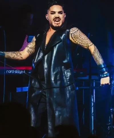 Roundhouse 2026 Adam Lambert Sleeveless Black Leather Long Coat Front