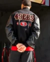 San Francisco 49ers Kendrick Bourne Black Wool and Leather Sports Varsity Jacket For Sale