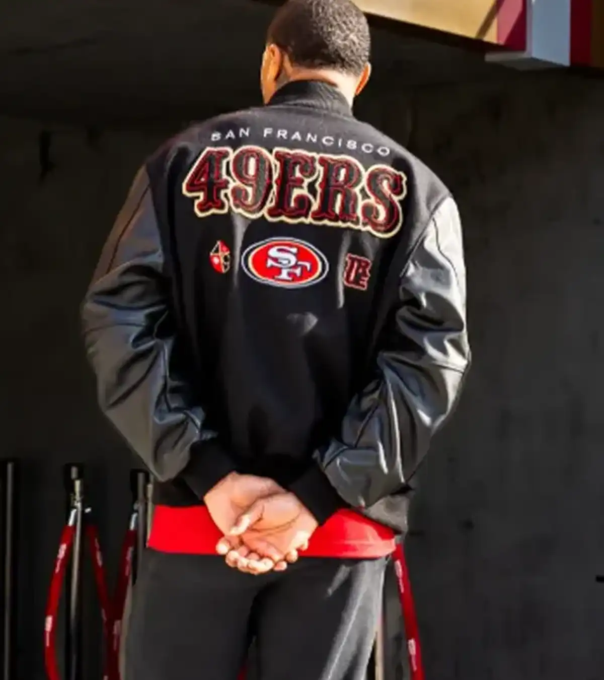 San Francisco 49ers Kendrick Bourne Black Wool and Leather Sports Varsity Jacket For Sale