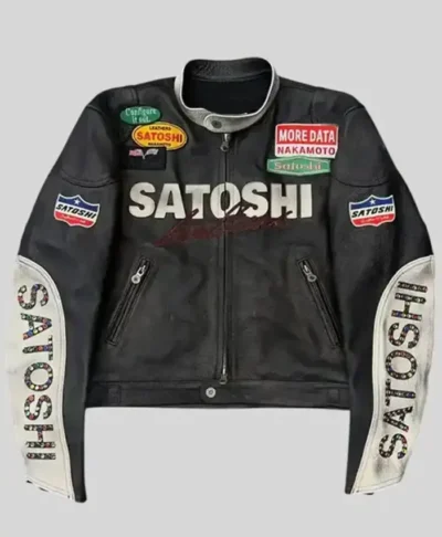 Satoshi Nakamoto 7 Cafe Racer Black Leather Motorcycle Jacket Front