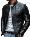 Shop Crocodile Embossed Black Leather Jacket