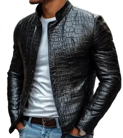 Shop Crocodile Embossed Black Leather Jacket