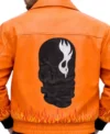 Shop Flame Style Skull Embroidered Orange Bomber Leather Jacket For Men and Women
