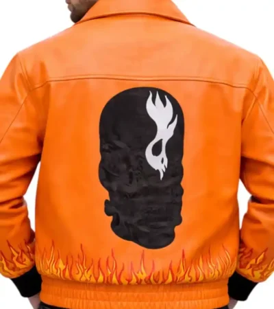 Shop Flame Style Skull Embroidered Orange Bomber Leather Jacket For Men and Women