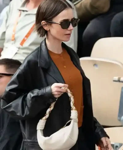 Shop French Open Paris 2026 Lily Collins Black Leather Jacket For Men and Women