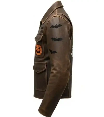 Shop Halloween Ghost Pumpkin Bat Graphic Distressed Brown Leather Jacket For Men and Women