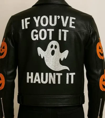 Shop Halloween Handmade Pumpkin and Skull Black Leather Biker Jacket