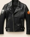 Shop Halloween Handmade Skull and Pumpkin Patch Black Leather Biker Jacket For Men