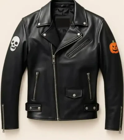 Shop Halloween Handmade Skull and Pumpkin Patch Black Leather Biker Jacket For Men