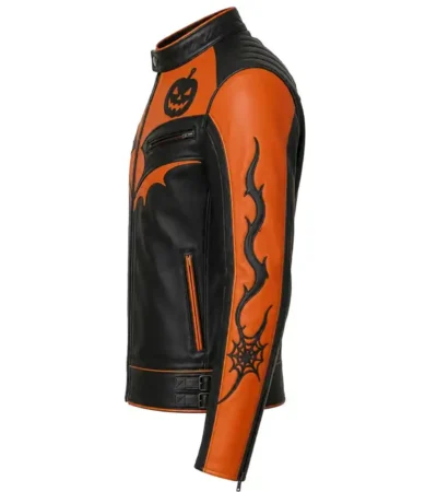 Shop Halloween Pumpkin Handmade Orange and Black Leather Biker Jacket For Men and Women